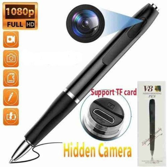 Pen with hidden camera features, including a camera lens and TF card support, on a white background.