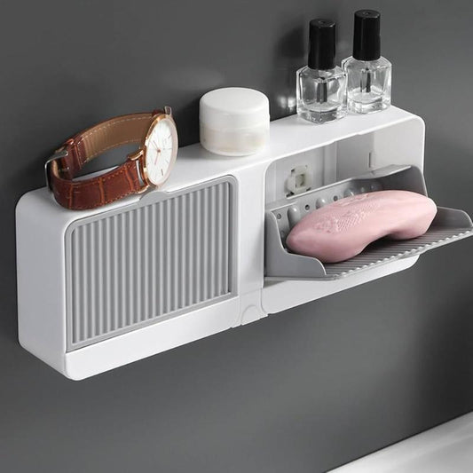 Plastic Soap Dish Tray Holder with Lid Cover - Single/Double Grid Wall-Mounted Drain Soap Holder Case Stand for Bathroom and Kitchen Organizer (Random Color) (Double Grid)