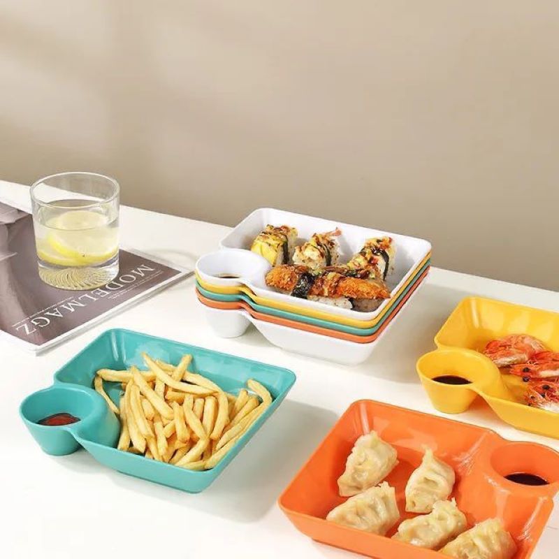 Multipurpose Snacks French Fries Dumpling Plate with Sauce Compartment(Pack of 3)