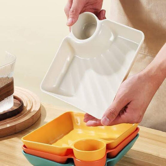 Multipurpose Snacks French Fries Dumpling Plate with Sauce Compartment(Pack of 3)