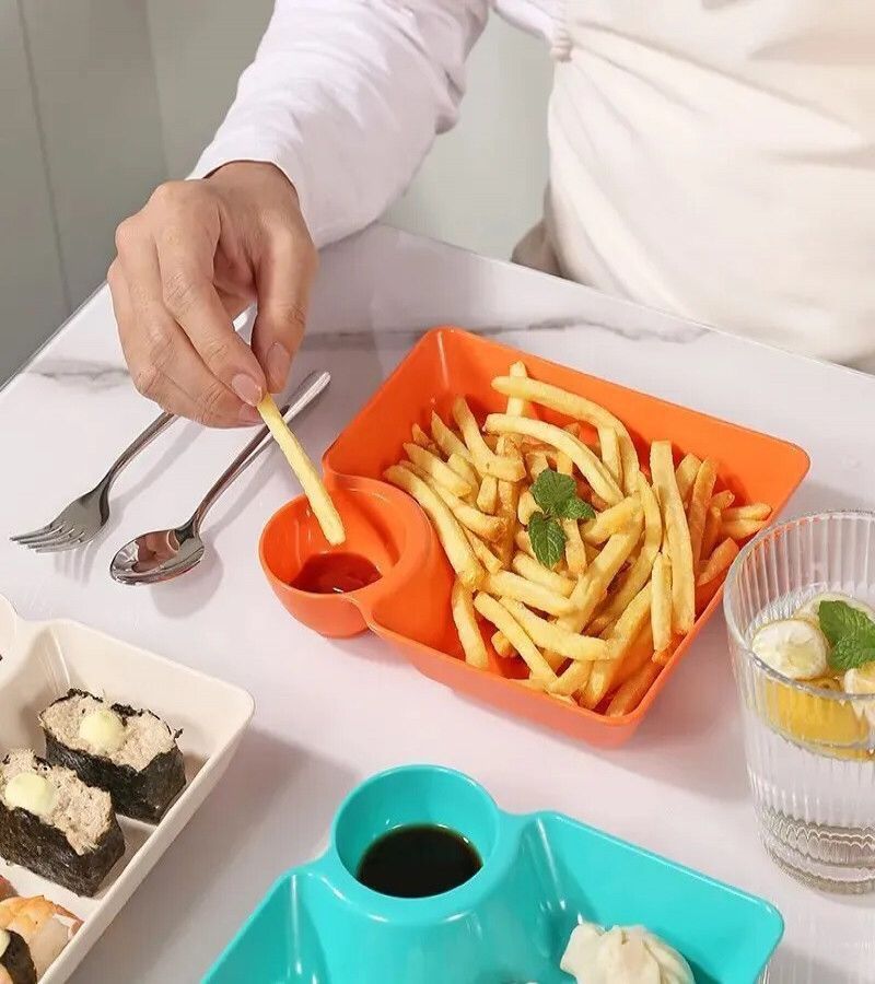 Multipurpose Snacks French Fries Dumpling Plate with Sauce Compartment(Pack of 3)