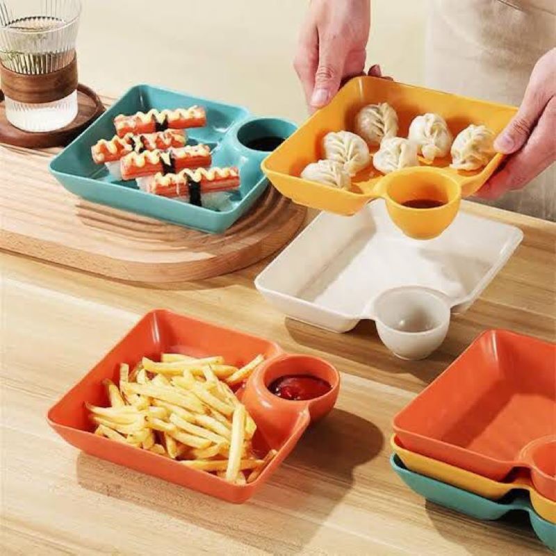 Multipurpose Snacks French Fries Dumpling Plate with Sauce Compartment(Pack of 3)